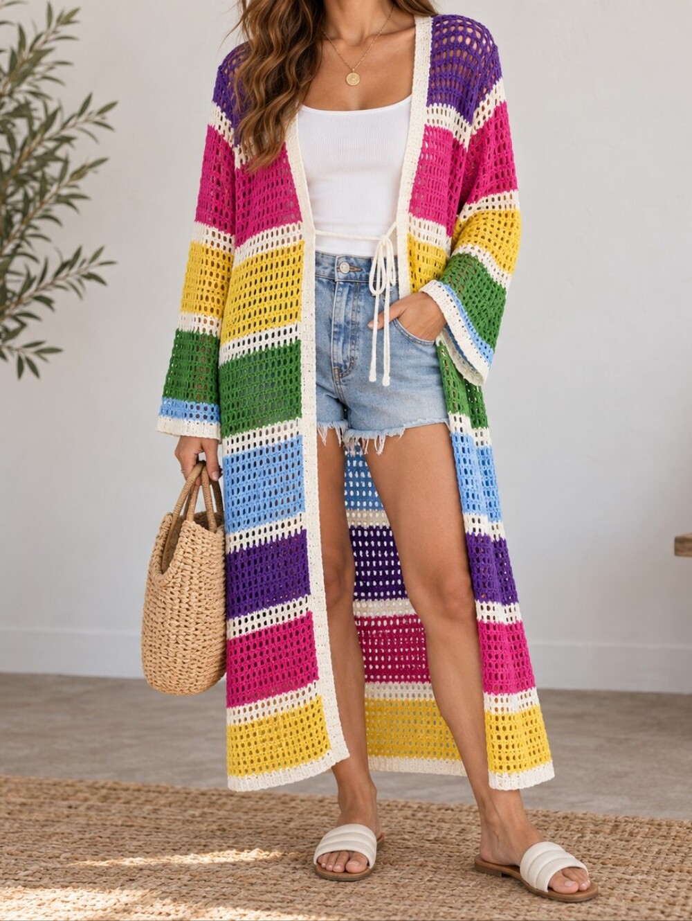 Womens Rainbow Crochet Duster Cardigan 3X Colorful Flare Sleeve Disco Runway